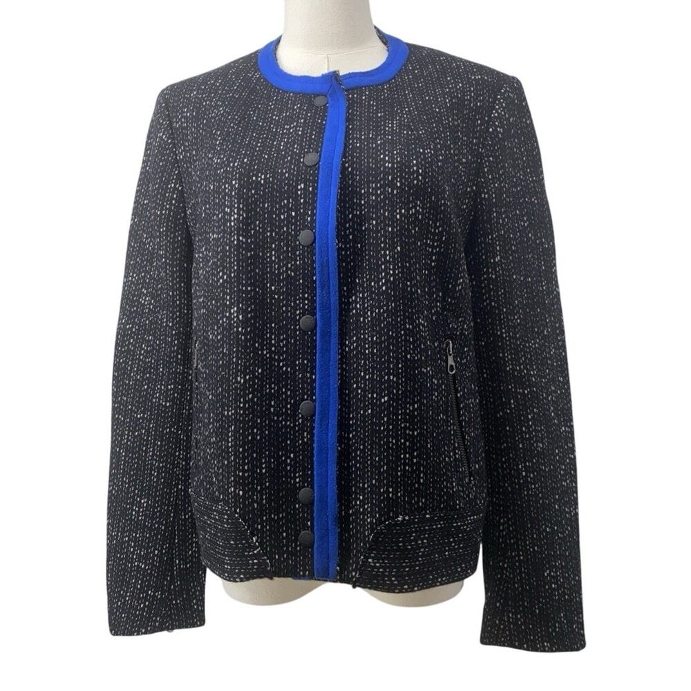 Rag & Bone Womens 10 Black Blue Wool Tweed Jacket Accent Snap Closure Pockets